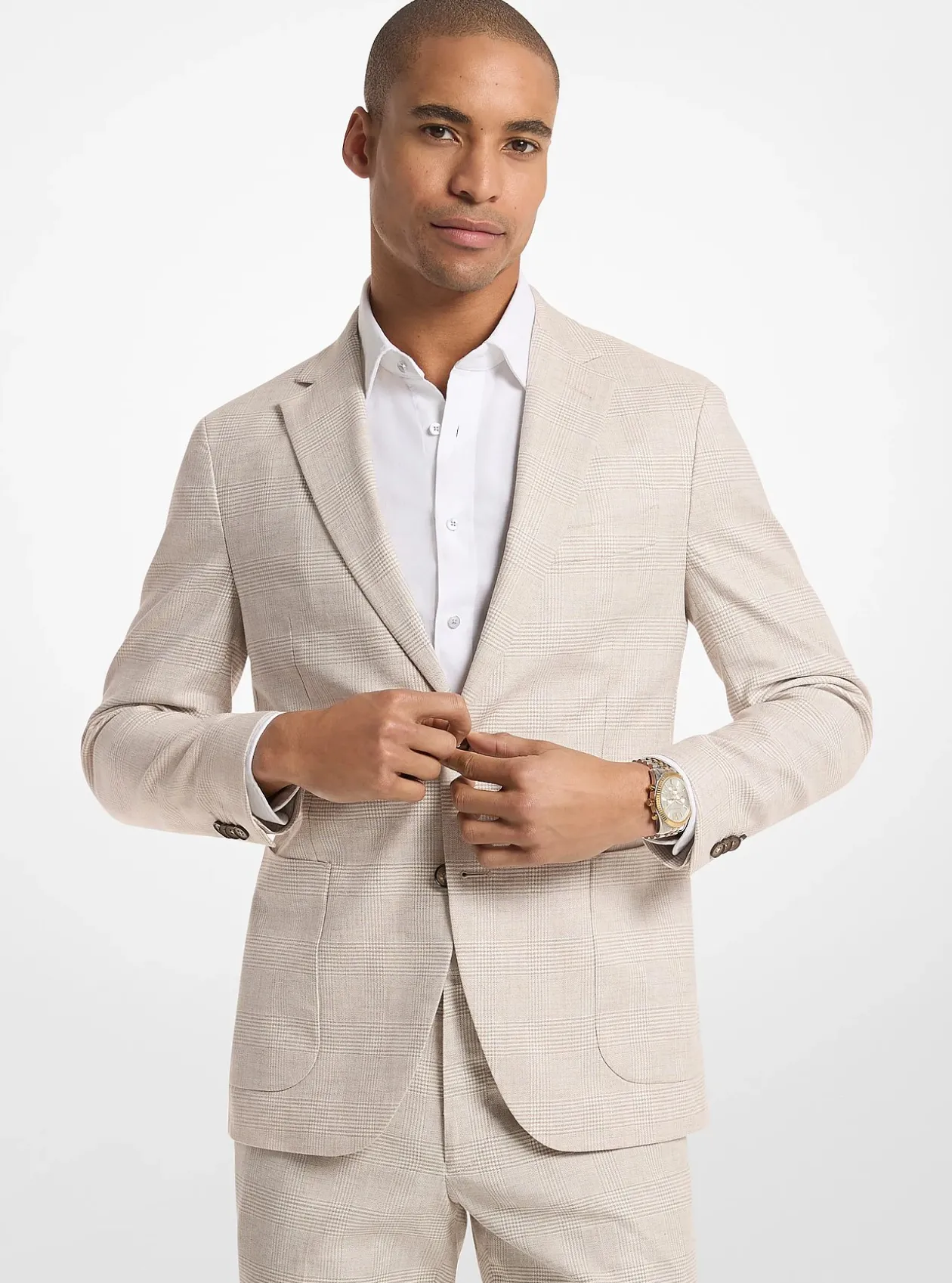 Blazer en mélange de coton et de lin extensible à carreaux