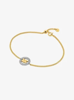 Bracelet à glissière bicolore avec breloque à pierres pavées et logo