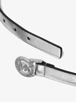Ceinture en cuir métallisé avec logo et pierres pavées