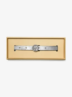 Ceinture en cuir métallisé avec logo et pierres pavées
