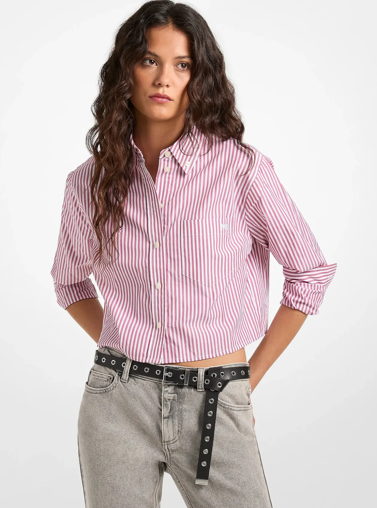 Chemise Oxford courte rayée en popeline de coton