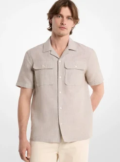 Chemise rayée en coton et lin à col cubain