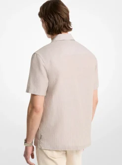 Chemise rayée en coton et lin à col cubain