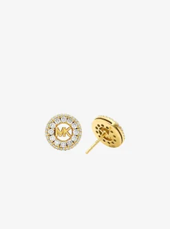 Clous d'oreilles breloque logo Fulton plaqués en métal précieux avec pierres pavées