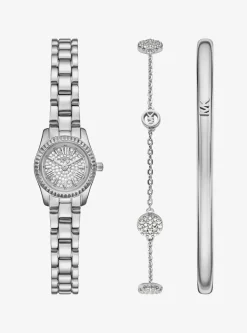 Coffret cadeau avec petite montre Lexington argentée à pierres pavées et bijoux