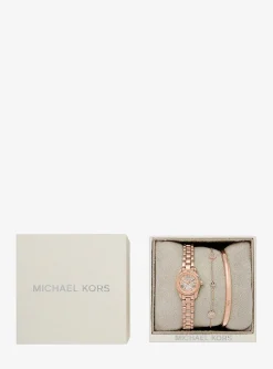 Coffret cadeau avec petite montre Lexington ton or rose à pierres pavées et bijoux