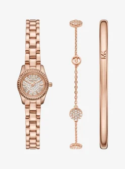 Coffret cadeau avec petite montre Lexington ton or rose à pierres pavées et bijoux