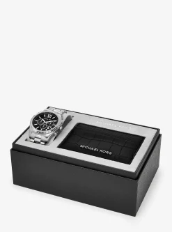 Coffret cadeau montre surdimensionnée Lexington argentée et porte-cartes en cuir effet crocodile en relief