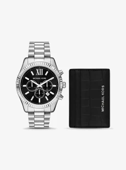 Coffret cadeau montre surdimensionnée Lexington argentée et porte-cartes en cuir effet crocodile en relief