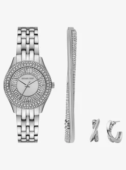 Coffret mini montre Harlowe dorée à pierres pavées et bijoux