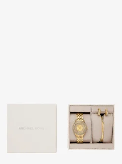 Coffret mini montre Harlowe dorée à pierres pavées et bijoux
