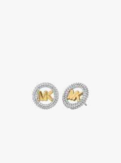 Petits clous d'oreilles bicolores avec breloque logo à pierres pavées