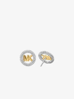 Petits clous d'oreilles bicolores avec breloque logo à pierres pavées