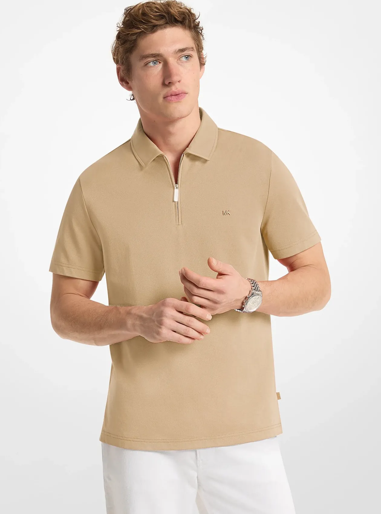 Polo zippé en piqué de coton mélangé