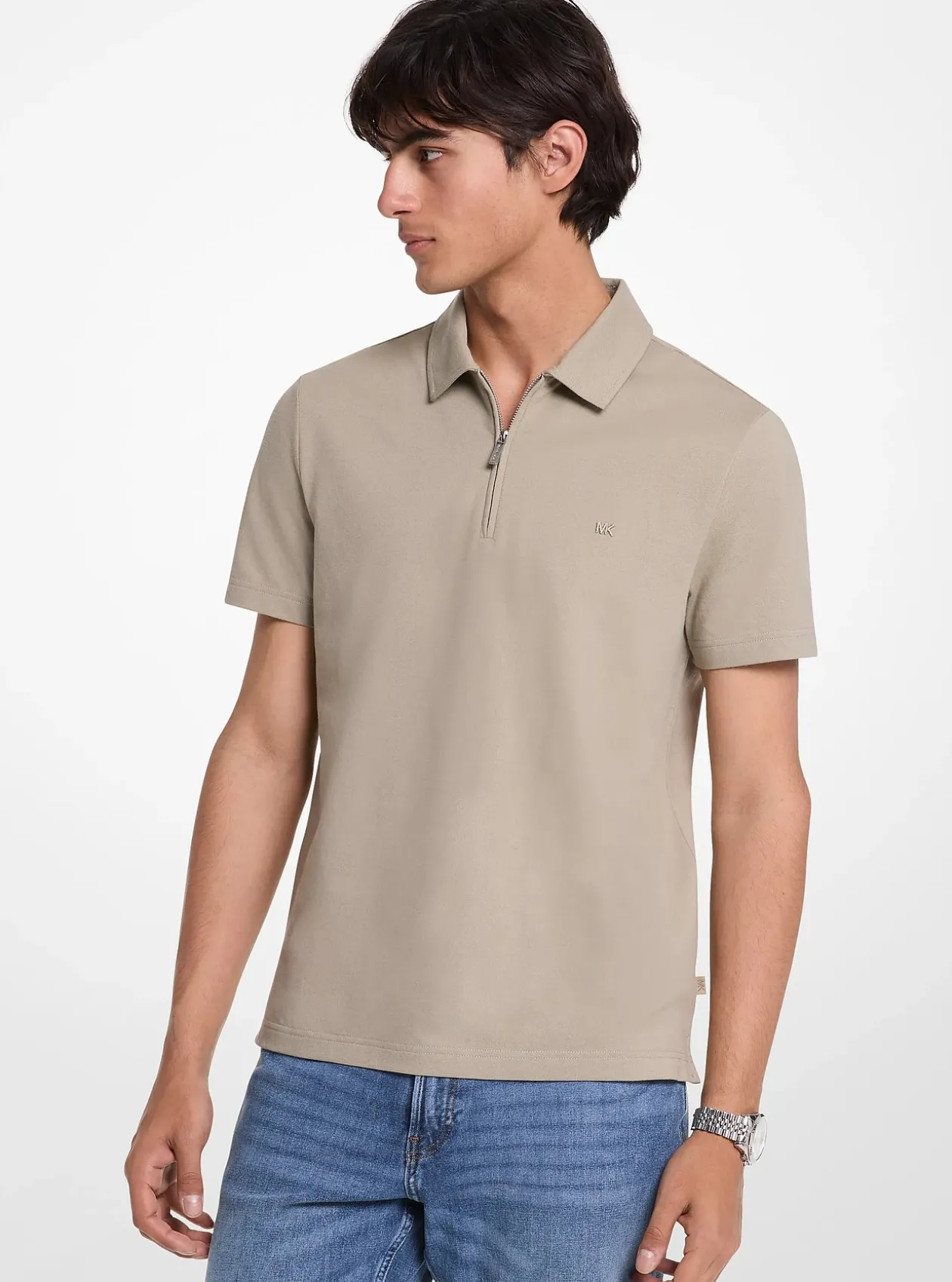 Polo zippé en piqué de coton mélangé