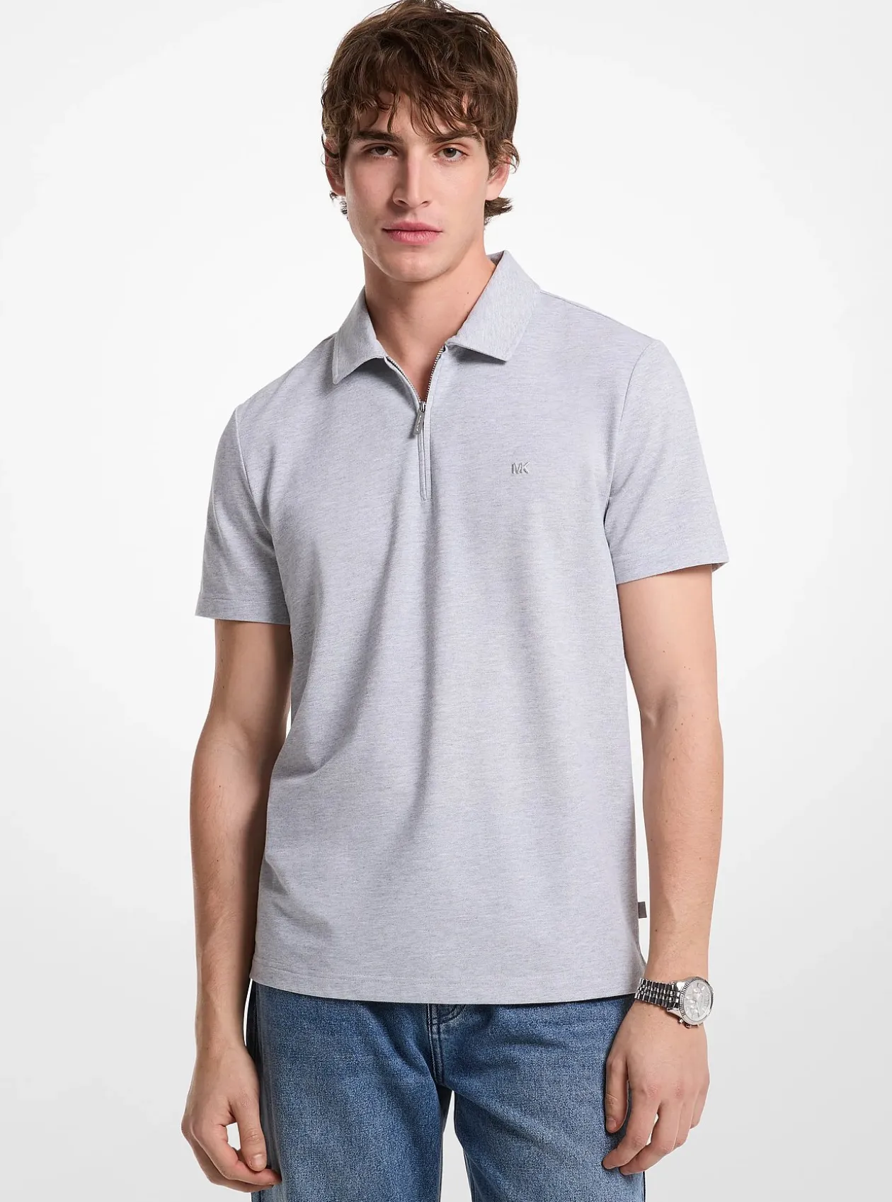 Polo zippé en piqué de coton mélangé