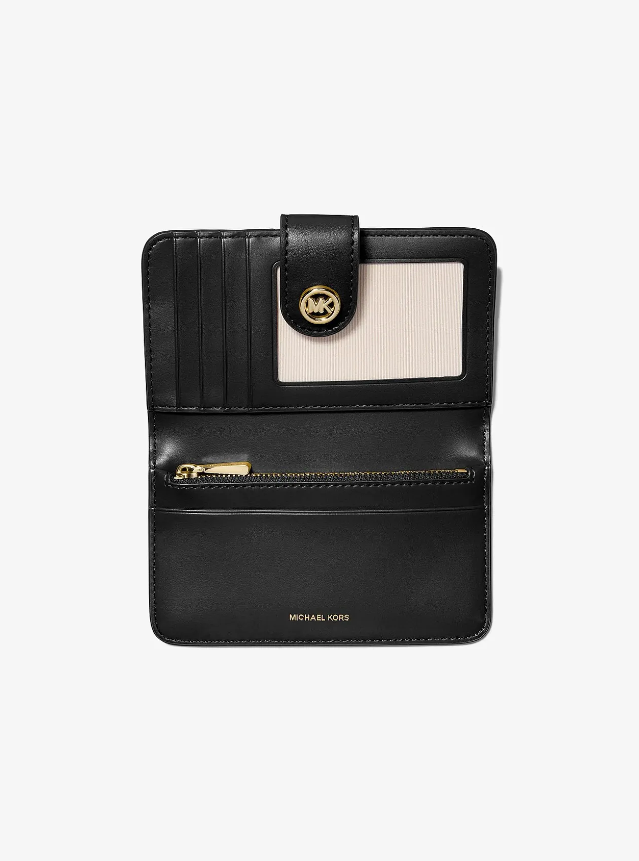 Portefeuille de taille moyenne en cuir grainé à breloque MK Pop