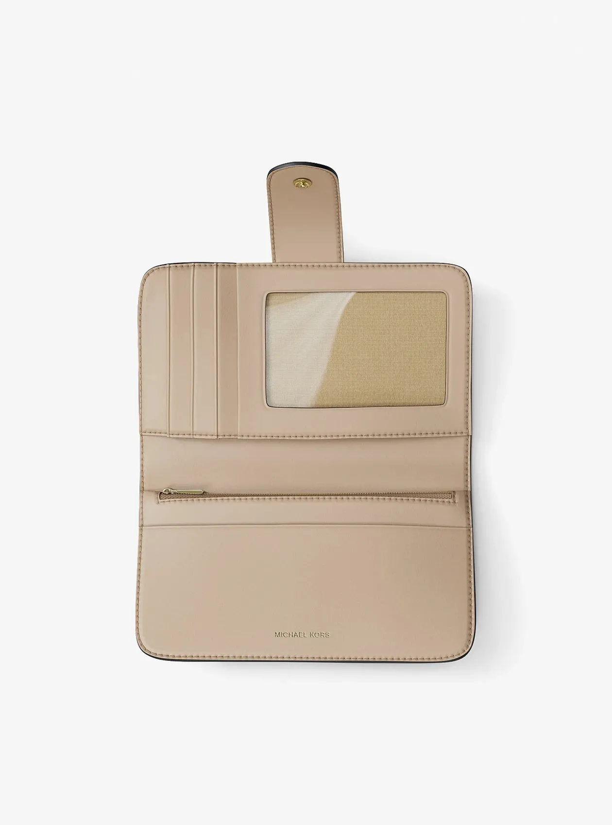 Portefeuille de taille moyenne en cuir grainé à couleurs contrastées à logo et à breloque MK Pop