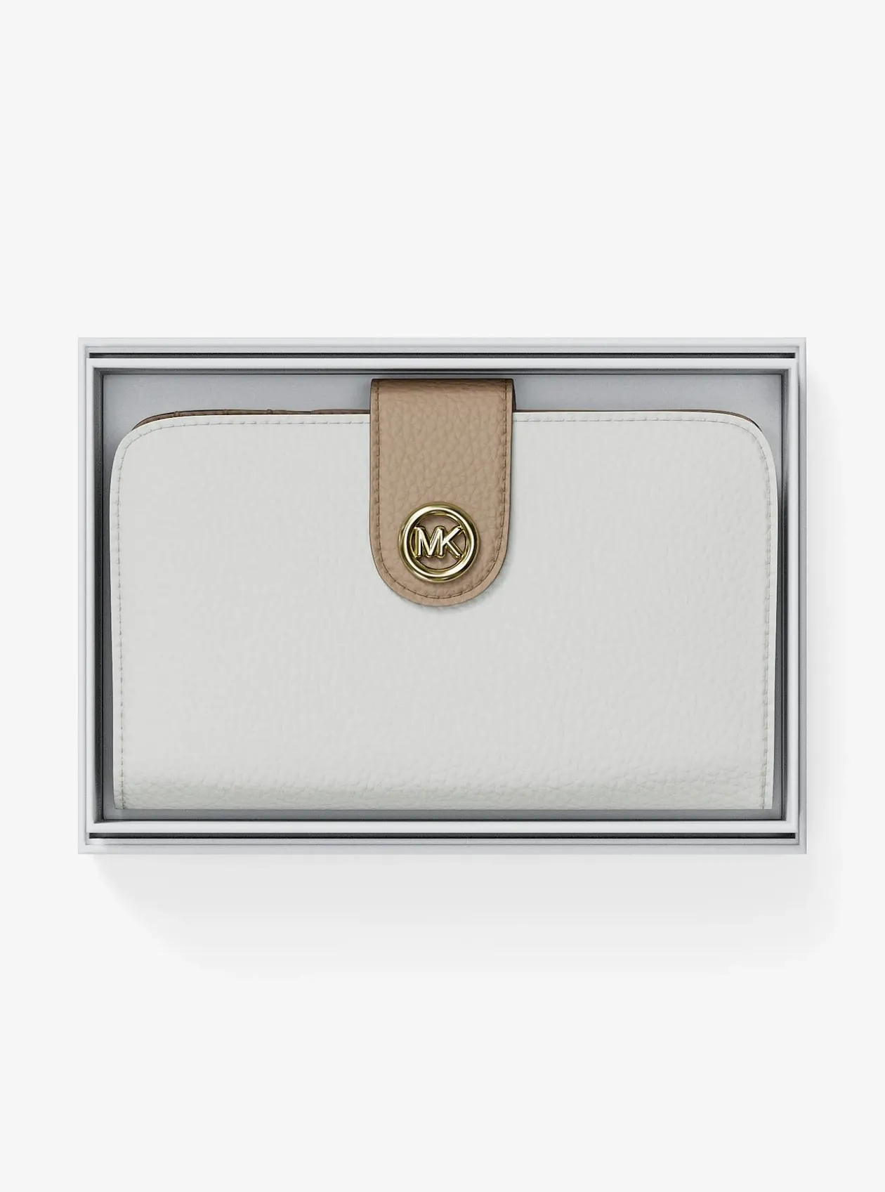 Portefeuille de taille moyenne en cuir grainé à couleurs contrastées à logo et à breloque MK Pop