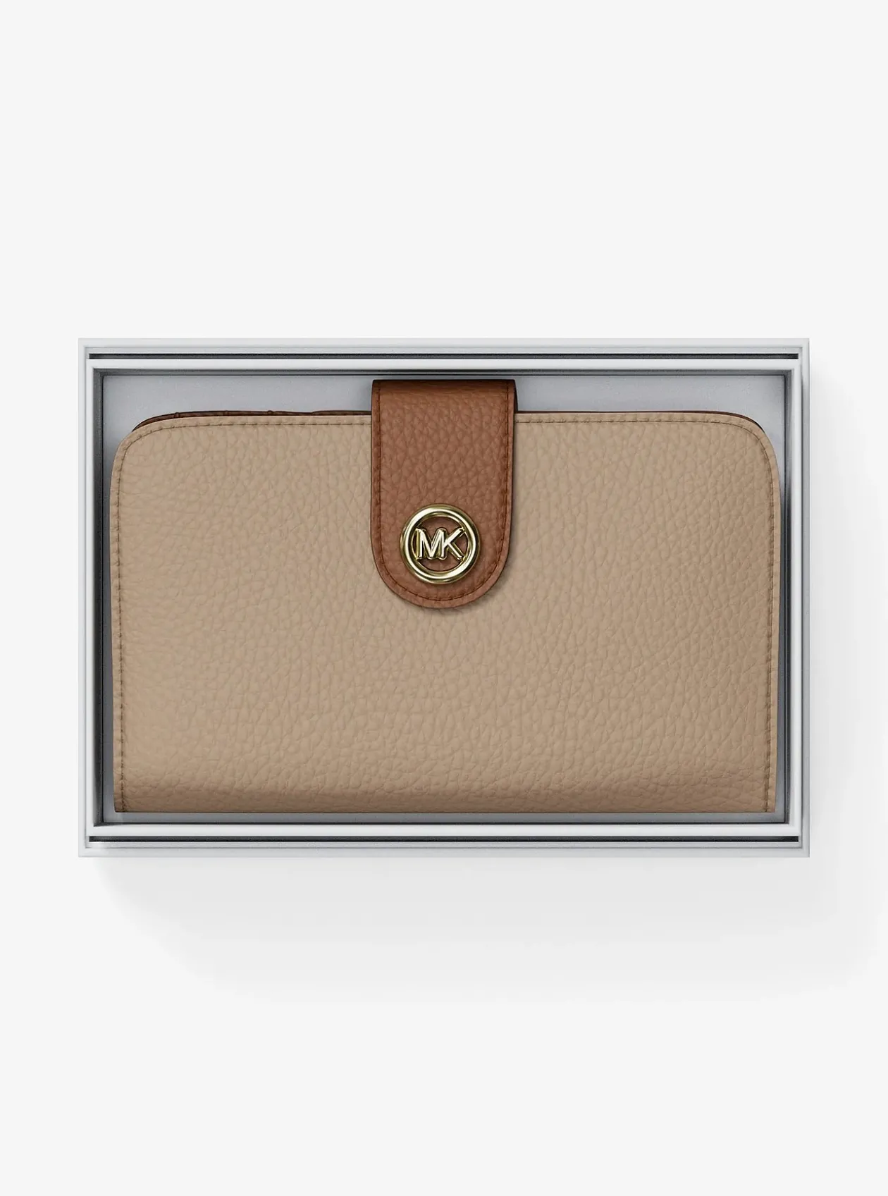 Portefeuille de taille moyenne en cuir grainé à couleurs contrastées à logo et à breloque MK Pop