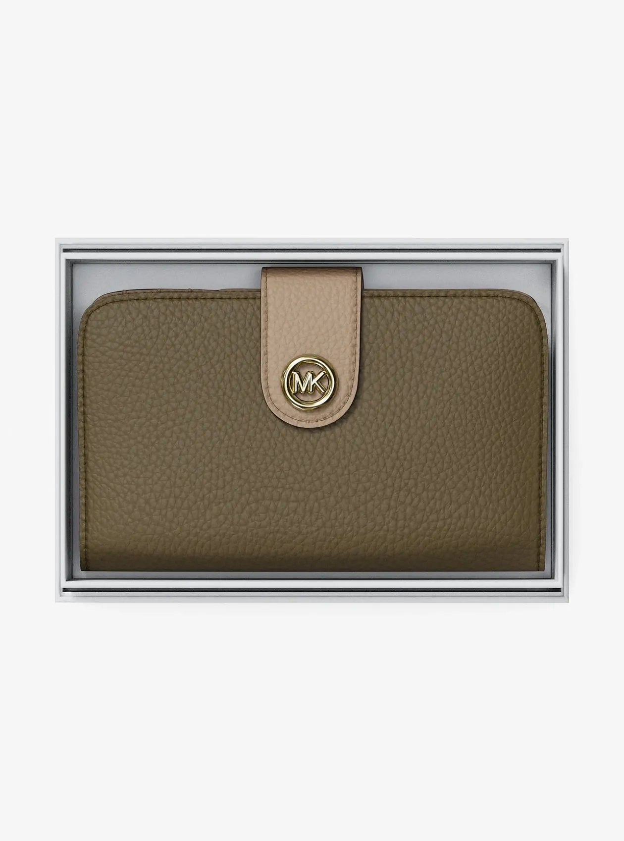 Portefeuille de taille moyenne en cuir grainé à couleurs contrastées à logo et à breloque MK Pop