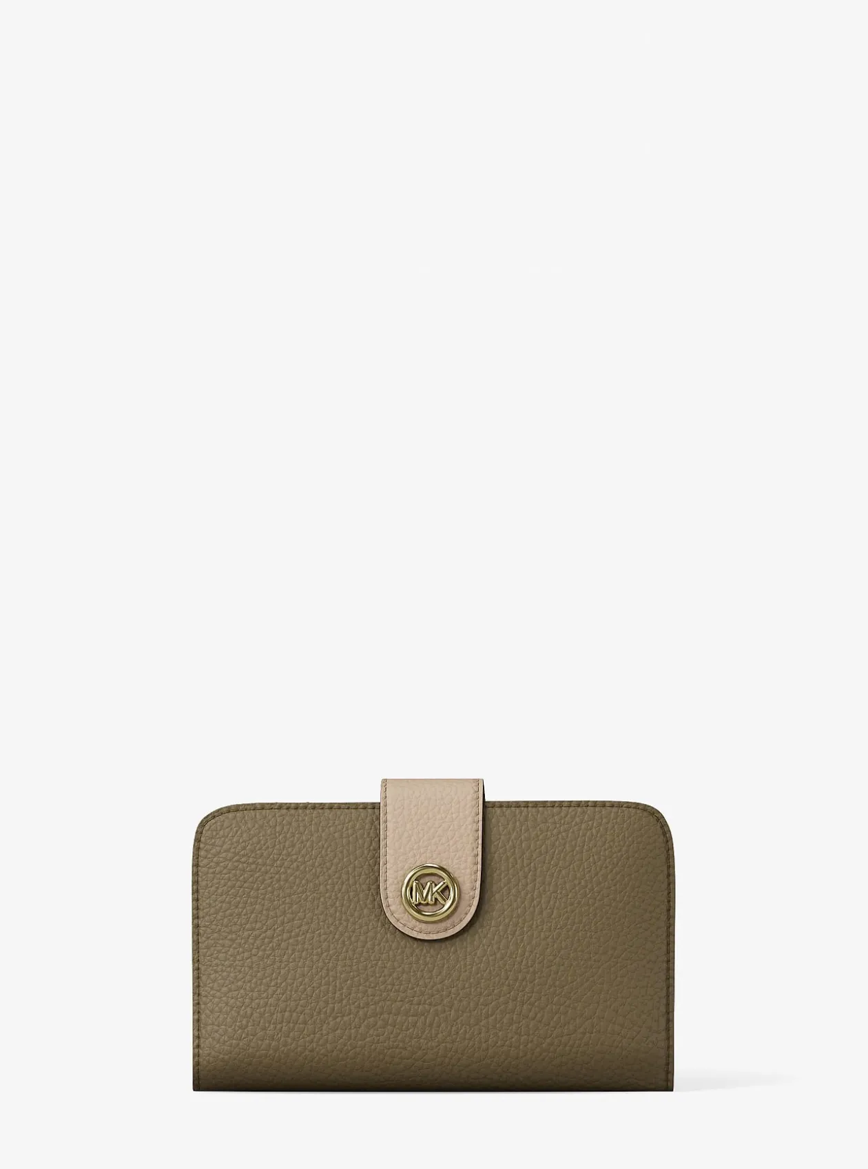 Portefeuille de taille moyenne en cuir grainé à couleurs contrastées à logo et à breloque MK Pop