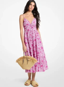 Robe mi-longue en popeline de coton à imprimé floral